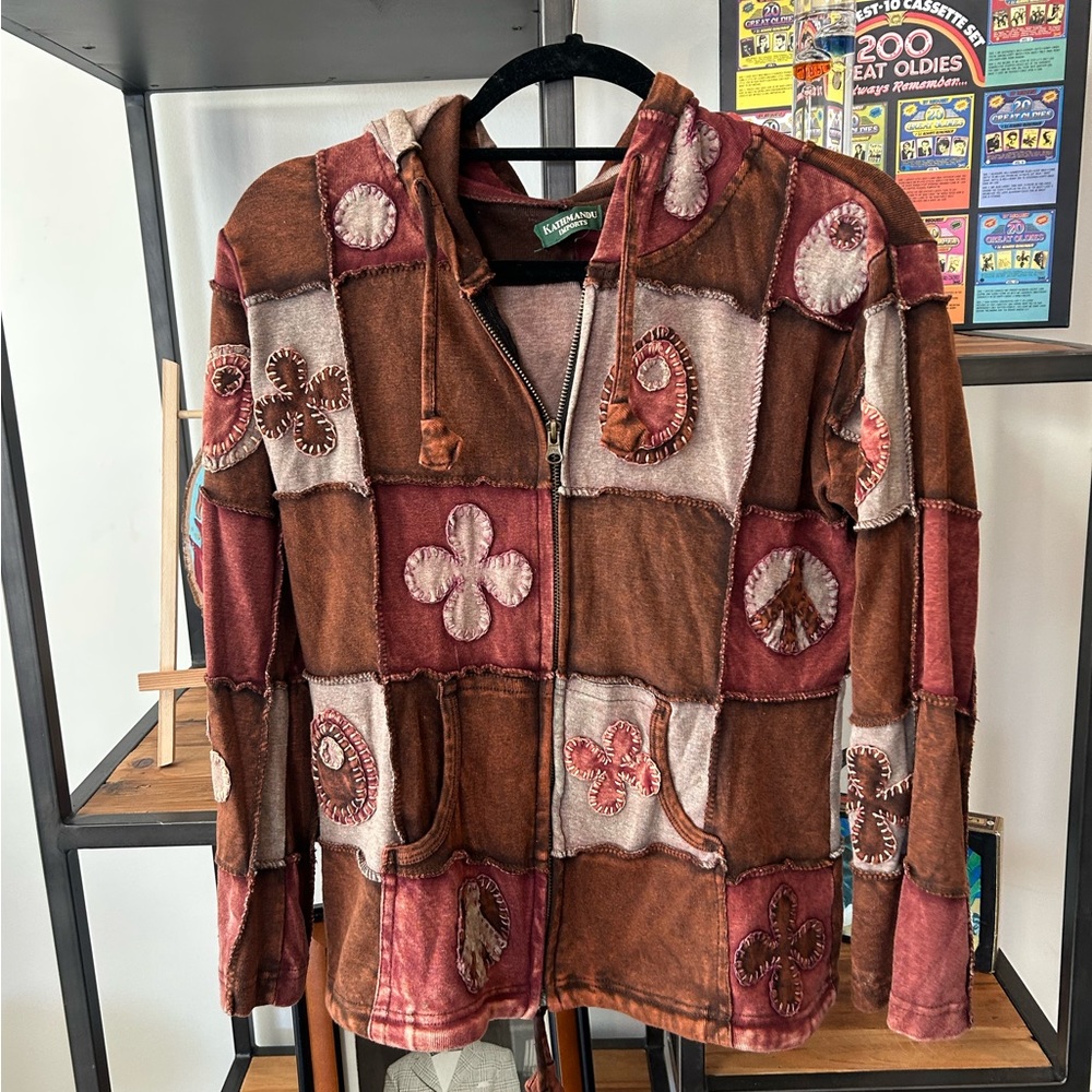Brown patchwork crochet women’s handmade jacket medium brown funky pattern